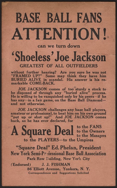 Chicago Black Sox Collection (1919-2019) - c.1922 Joe Jackson Is Innocent Broadside (ex-Joe Jackson Scrapbook)