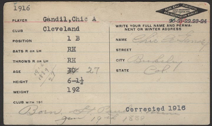 Chicago Black Sox Collection (1919-2019) - 1916 Chick Gandil Signed Handwritten Heilbroner Baseball Bureau Card