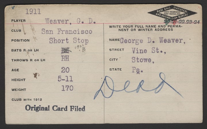 Chicago Black Sox Collection (1919-2019) - 1911 Buck Weaver Heilbroner Baseball Bureau Card