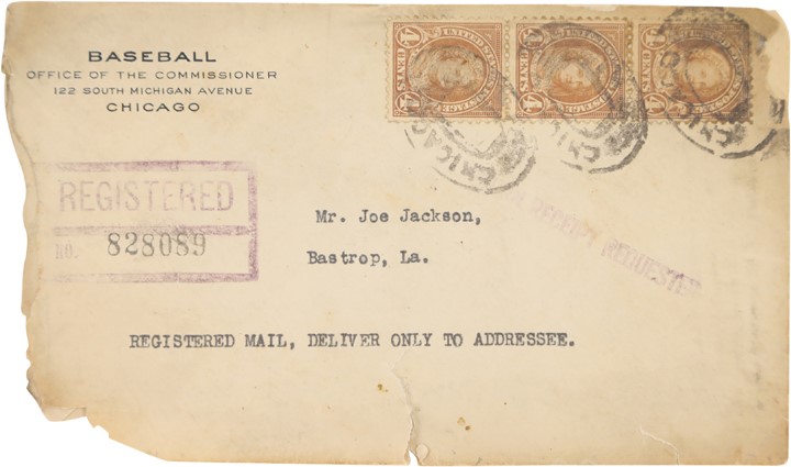Chicago Black Sox Collection (1919-2019) - Envelope to Joe Jackson from Kenesaw Landis Containing Reinstatement Denial Letter (ex-Christie's)