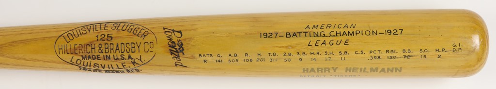 Ty Cobb and Detroit Tigers - 1927 Harry Heilmann Amercan League Batting Champion Bat