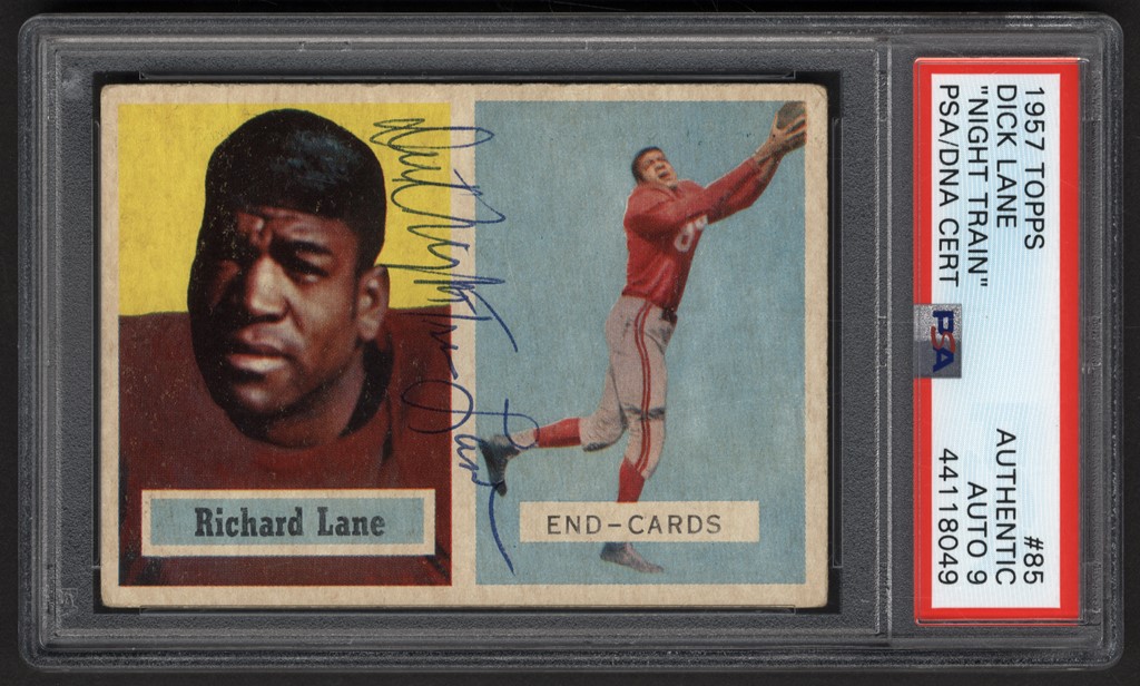 Football Cards - 1957 Topps Football #85 Dick Lane Signed Rookie (PSA Auth & MINT 9 Auto)