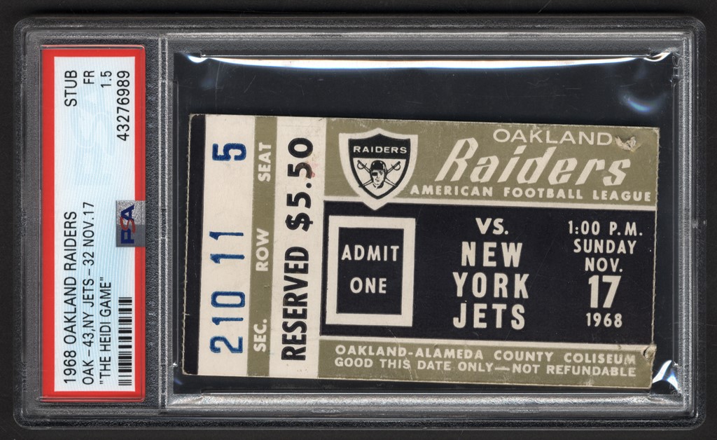 Football - 1968 Raiders v. Jets "Heidi Game" Ticket PSA