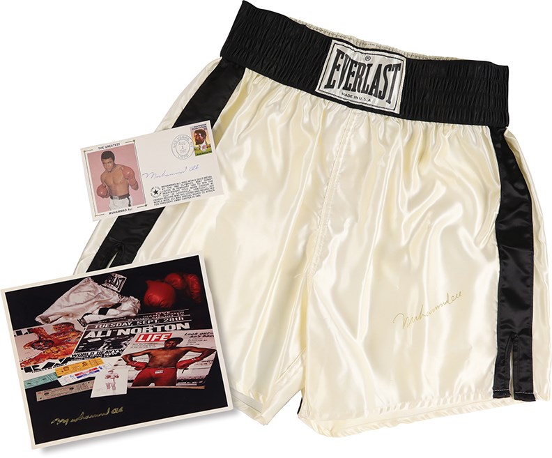 Muhammad Ali & Boxing - Muhammad Ali Signed Trunks, Cachet and Photograph (All PSA)