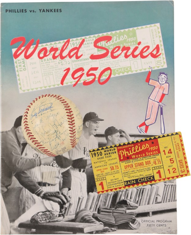 1950 Philadelphia Phillies "Whiz Kids" Team-Signed Baseball & World Series Program (PSA)