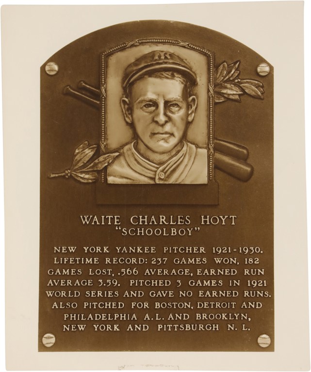 Waite Hoyt Basbeall Hall of Fame Presentational "Plaque"