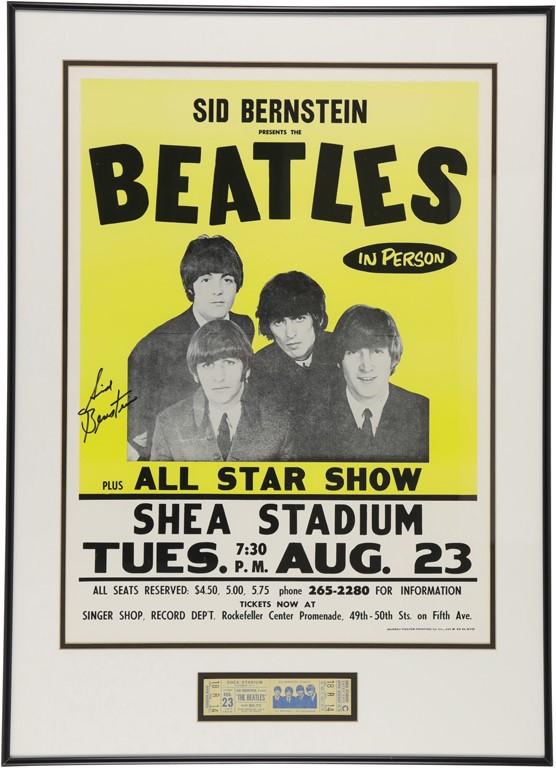 1966 Beatles at Shea Stadium Full Ticket with Sid Bernstein Signed Poster