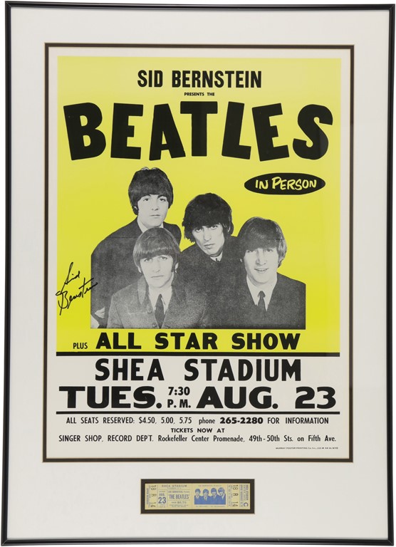 Rock And Pop Culture - 1966 Beatles at Shea Stadium Full Ticket with Sid Bernstein Signed Poster