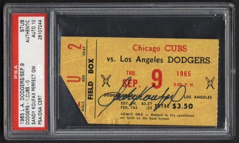 Jackie Robinson & Brooklyn Dodgers - 1965 Sandy Koufax Signed Perfect Game Ticket (PSA 10 Auto)