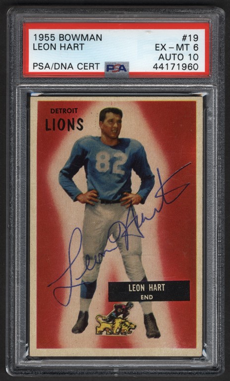 Football Cards - 1955 Bowman #19 Leon Hart Signed - Pop 1 Highest Graded PSA EX-MT 6 Auto Grade 10