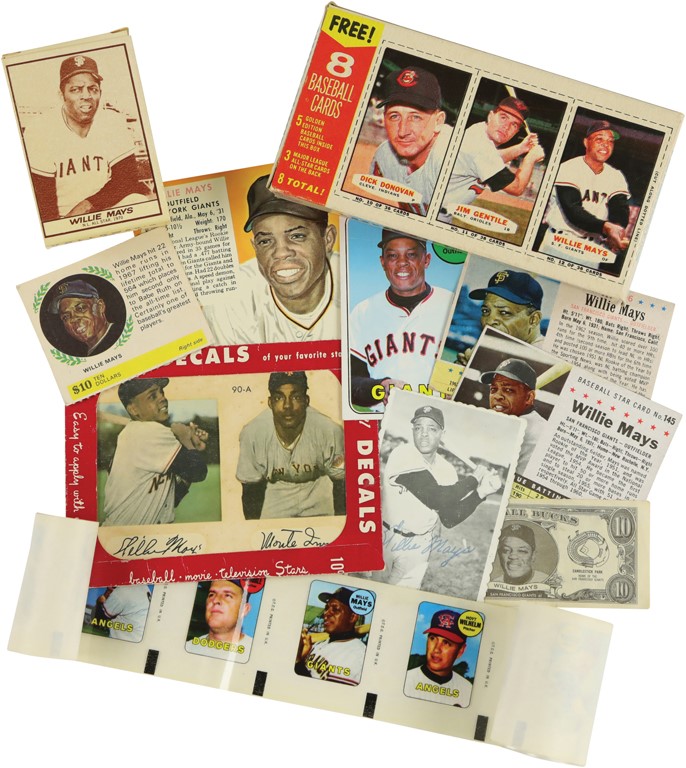 Baseball and Trading Cards - 1950s-70s Willie Mays Collection with 1963 Bazooka Box & 1969 Topps Decals Uncut Sheet (11)