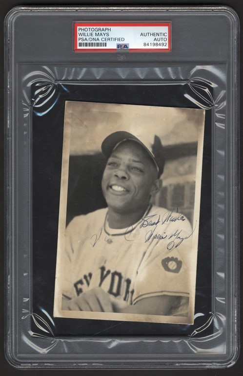 - 1951 Willie Mays Triple-Signed Rookie Photograph by George Brace (PSA)