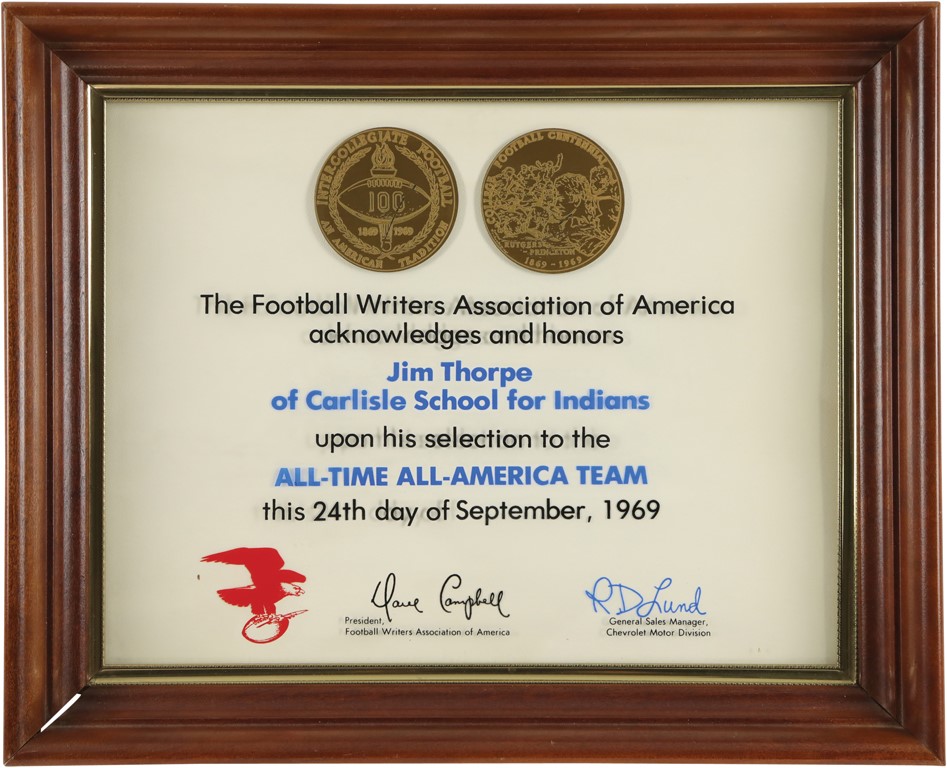 - 1969 All-Time All America Team Award Presented to Jim Thorpe