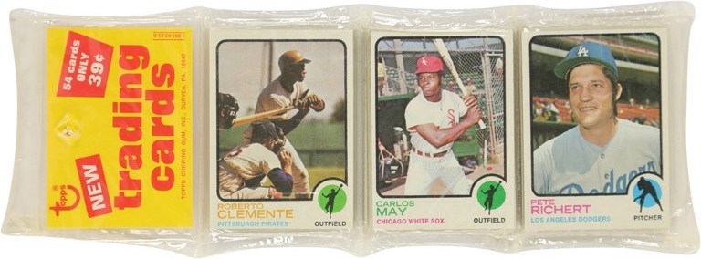 Baseball and Trading Cards - 1973 Topps 1st Series Baseball Unopened Rack Pack with Roberto Clemente on Top