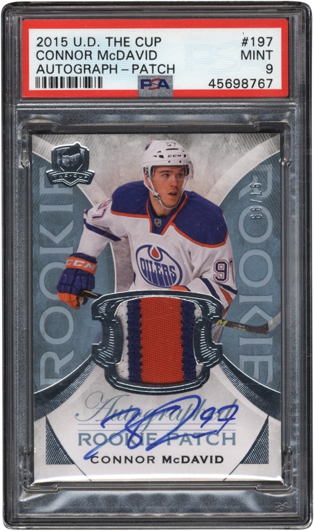 - 2015-16 The Cup #197 Connor McDavid NHL Rookie Patch Auto - Jersey Number 97/99! PSA MINT 9