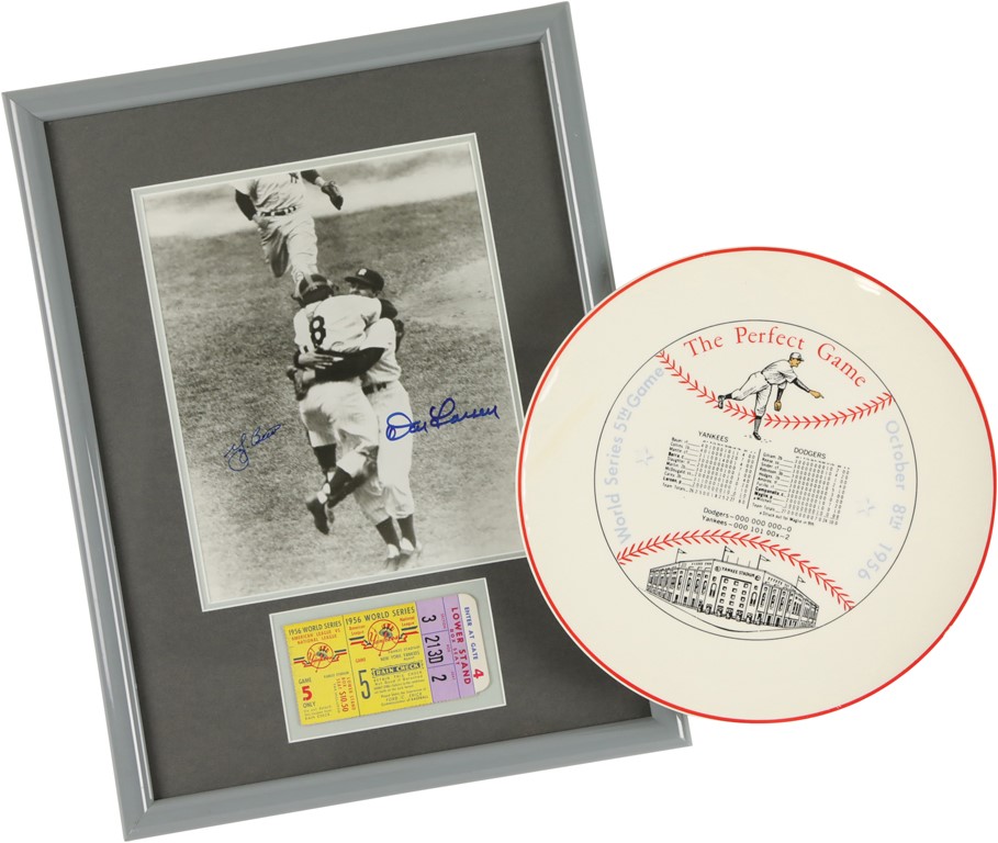 - 1956 Don Larsen Perfect Game Ticket, Signed Photo and Plate PSA