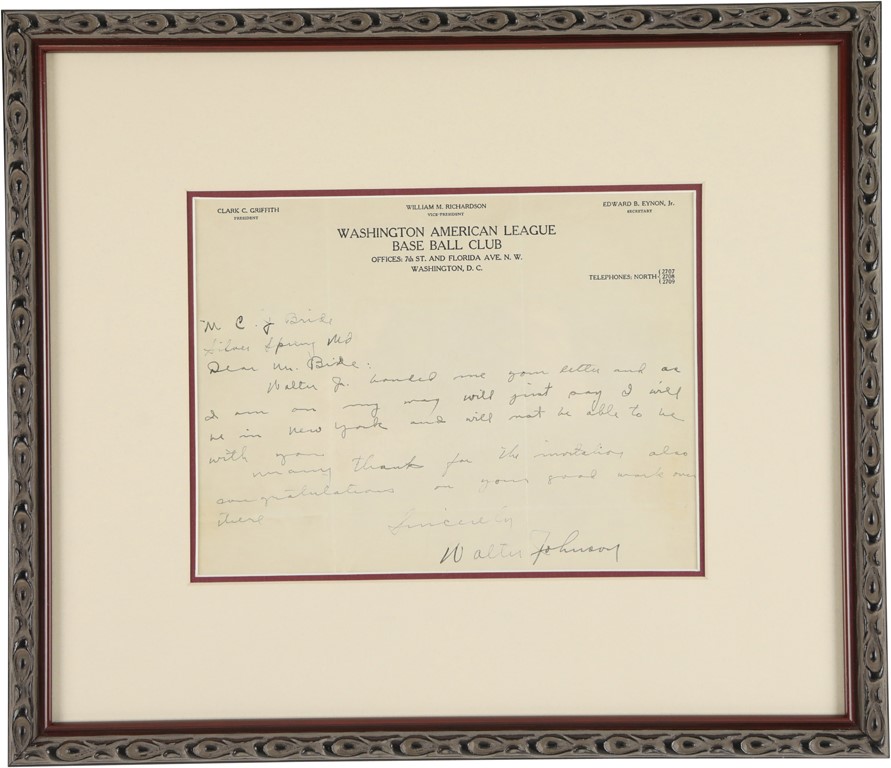 - Walter Johnson Signed Handwritten Letter (PSA)