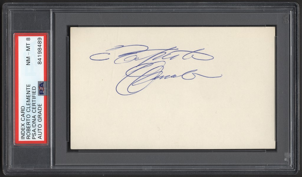 High Grade Roberto Clemente Signed Index Card (PSA NM-MT 8)