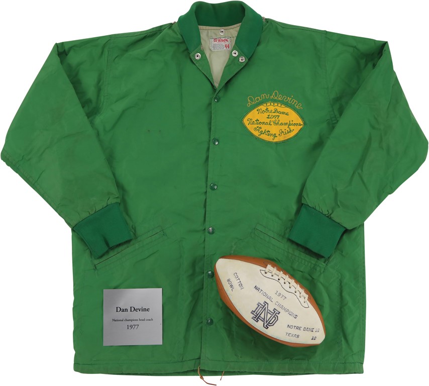 - 1977 Dan Devine Notre Dame Championship Jacket and Signed Football w/Montana