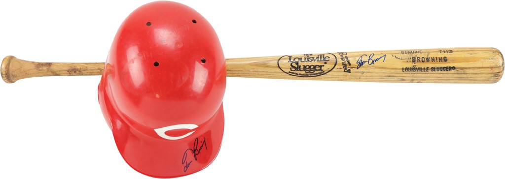 Pete Rose & Cincinnati Reds - Tom Browning Cincinnati Reds Game Used Bat and Batting Helmet