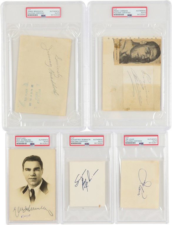 Boxing Autographs w/Louis, Braddock, Schmeling, Robinson & Carnera (5)