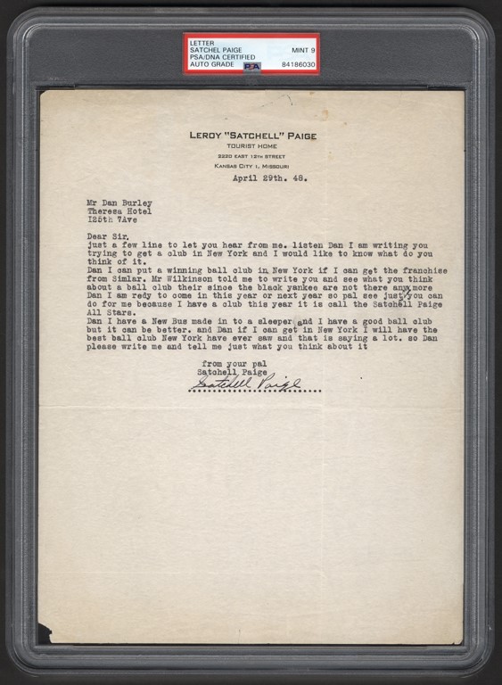 - 1948 Satchel Paige Letter; Wants to Start New York Negro League Team