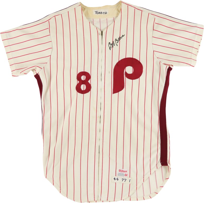 - 1977 Bob Boone Photo-Matched Philadelphia Phillies Signed Game Worn Jersey (Resolution Photomatching LOA)