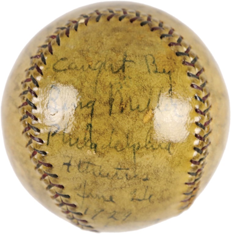 Historically Significant 1929 Bing Miller Single-Signed "Trophy" Baseball Thrown from a Goodyear Blimp