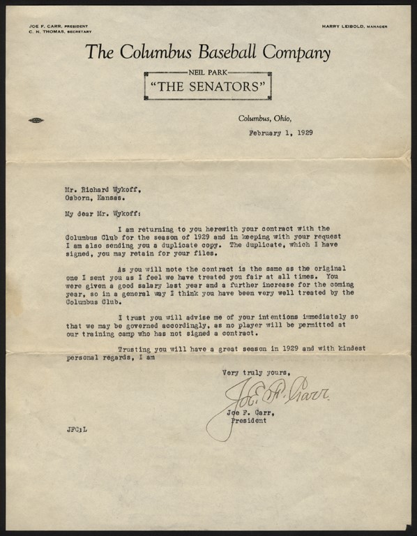 1929 Joe Carr Signed "Contract Letter" to Former Player