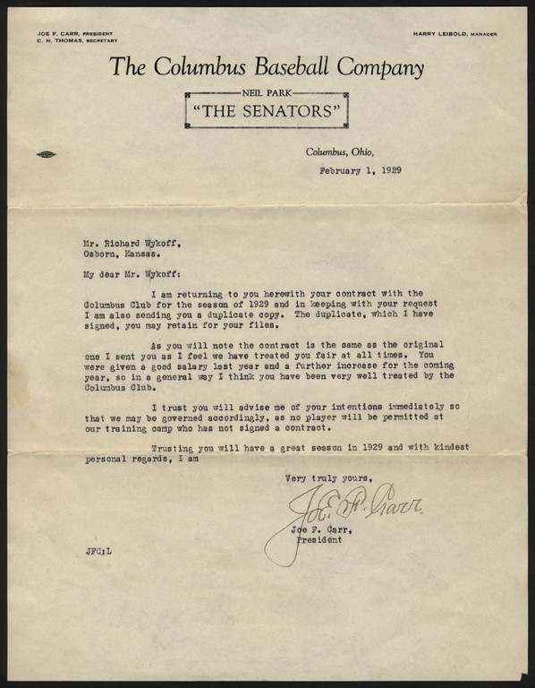 Football - 1929 Joe Carr Signed "Contract Letter" to Former Player