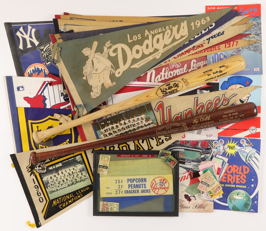 - Vintage Baseball Memorabilia Collection with 1936 HOF Induction Bat and Pennants