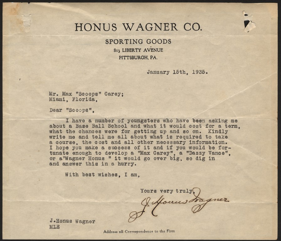 1935 Honus Wagner Signed Letter to Max Carey (JSA)