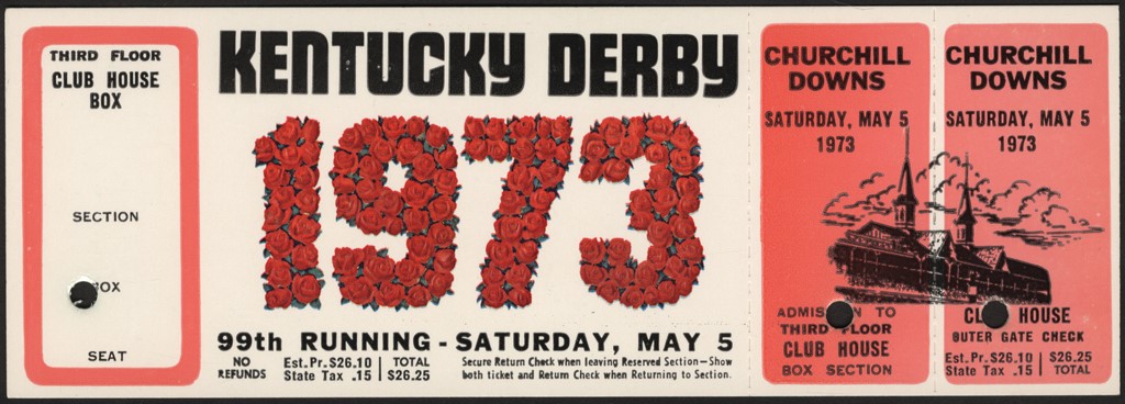Horse Racing - High Grade 1973 Secretariat Win Kentucky Derby Full Ticket