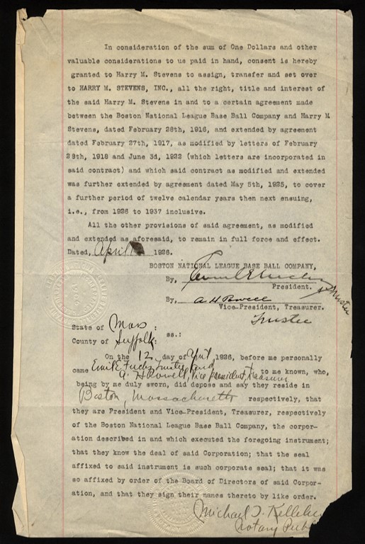 Boston Sports - 1936 Boston Braves Vending Agreement with Harry M. Stevens