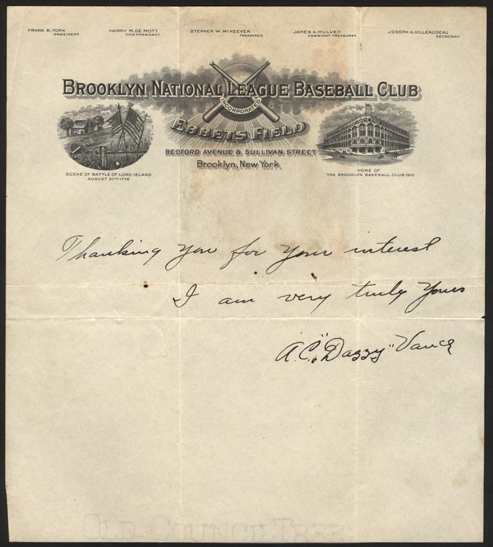 Dazzy Vance Signed Note on Brooklyn Letterhead