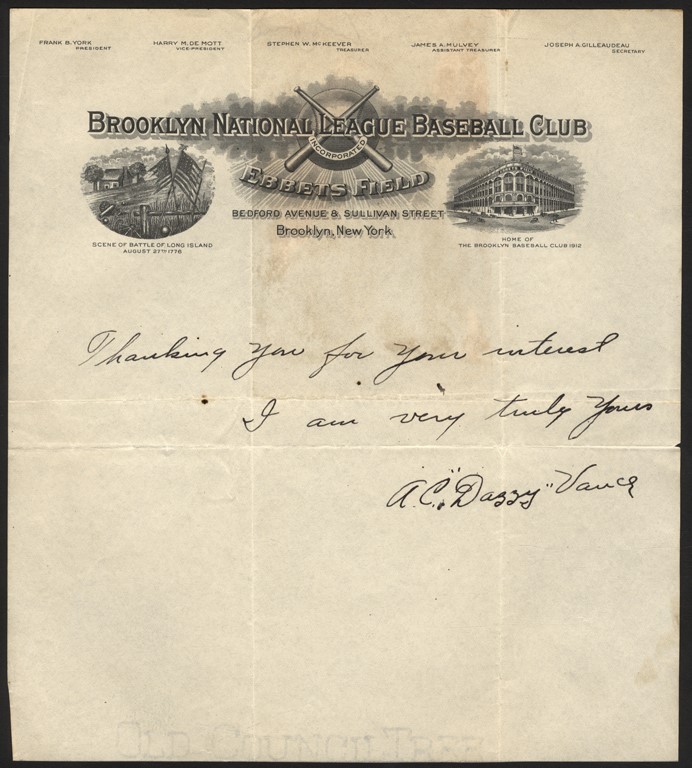 Baseball Autographs - Dazzy Vance Signed Note on Brooklyn Letterhead