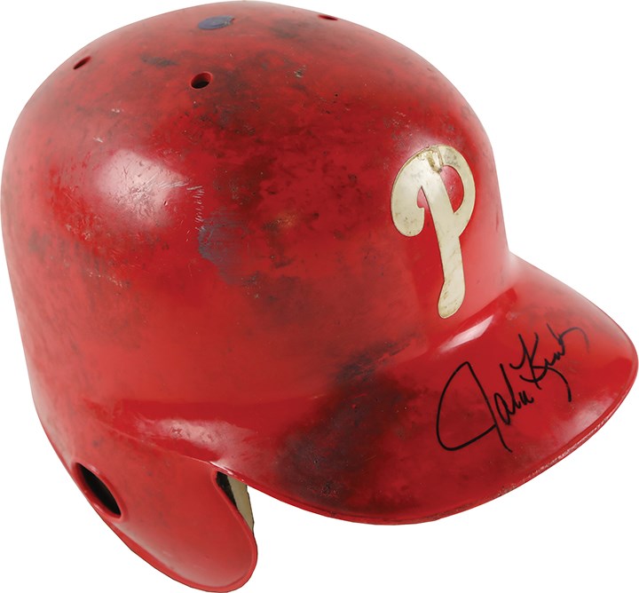 Philly Fanatic Collection - Circa 1993 John Kruk "Hammered" Philadelphia Phillies Signed Game Worn Helmet