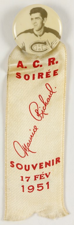 - 1951 NHL Montreal Canadians Maurice "Rocket" Richard Night Pin-Back Button & Ribbon