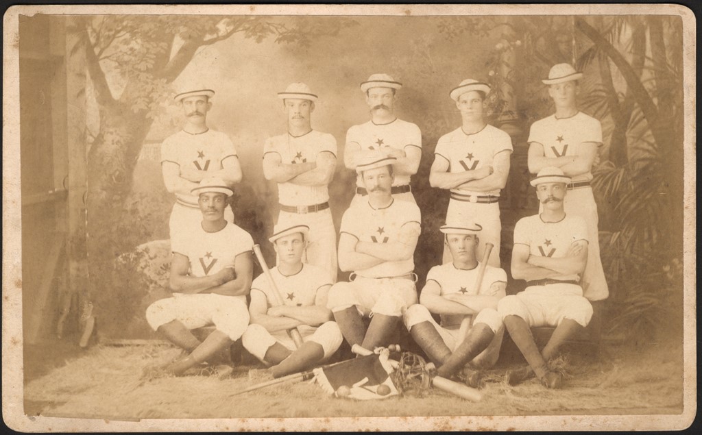 Vintage Sports Photographs - Early 1870s Integrated Baseball Team Oversized Cabinet Photo with Pink Back