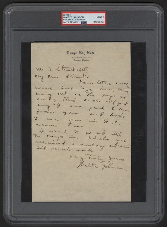 1925 Walter Johnson Signed Handwritten Letter (PSA MINT 9)