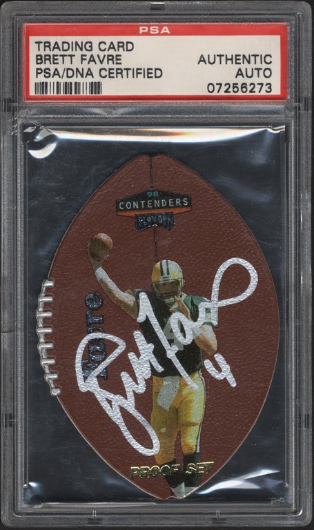 - 1998 Playoff Contenders Leather Brett Favre "1 of 1" Proof Set Auto (PSA)