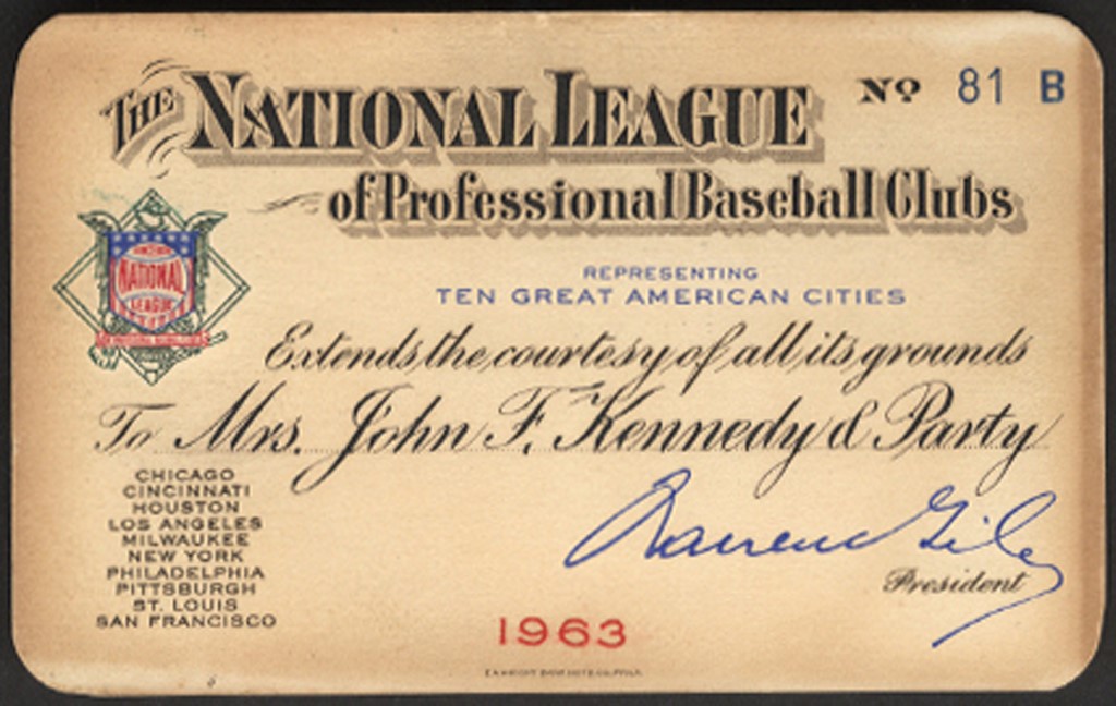 - 1963 National League Baseball Season Pass Presented to Jackie Kennedy