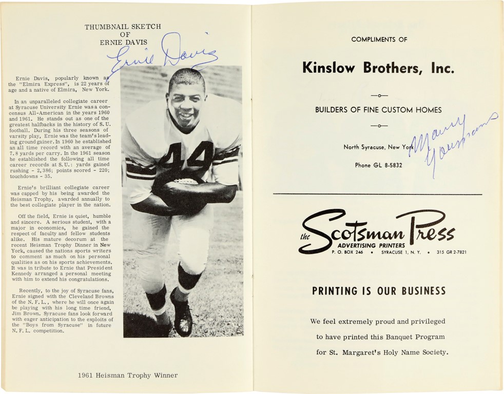 - 1962 Syracuse Sports Banquet Signed Program w/Ernie Davis (PSA)
