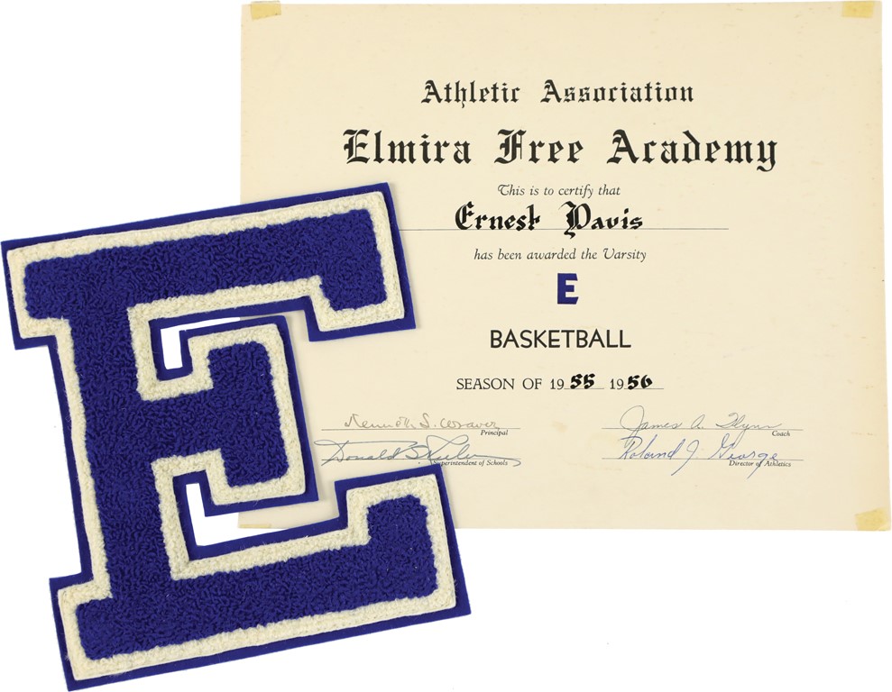 Syracuse Football Archive - 1956 Ernie Davis Elmira Free Academy Letterman Award with Actual Letter (Family LOA)