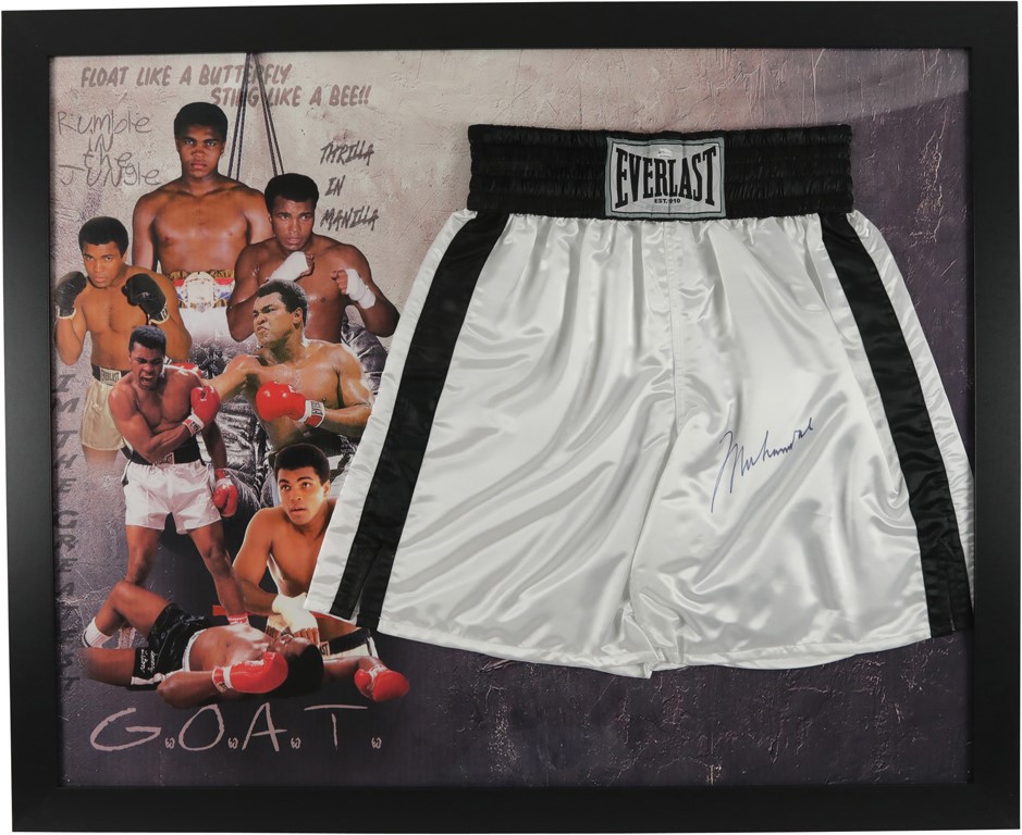 Muhammad Ali & Boxing - Muhammad Ali "G.O.A.T" Signed Trunks Display