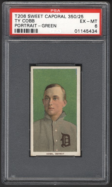 - 1909-11 T206 Sweet Caporal Ty Cobb Green Portrait PSA EX-MT 6