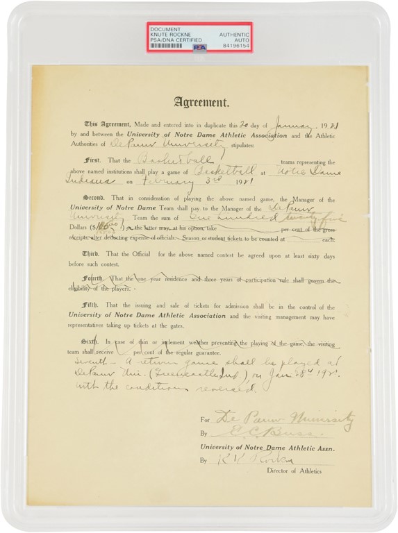 1921 Knute Rockne Signed Notre Dame Contract (PSA)