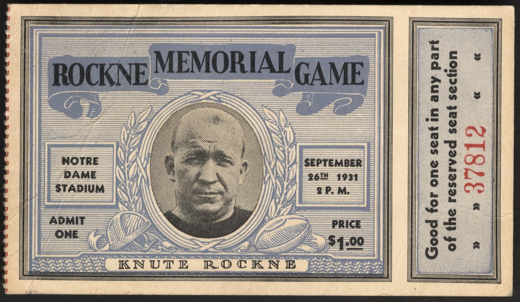 The Notre Dame Football Collection - 1931 Notre Dame Knute Rockne Memorial Game Ticket