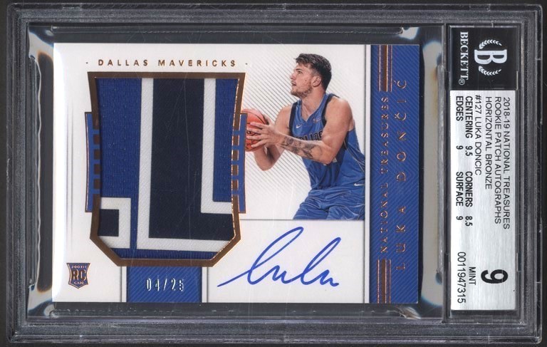 - 2018-19 National Treasures Luka Doncic RPA Rookie Auto Logo Patch /25 BGS MINT 9 with 10 Auto
