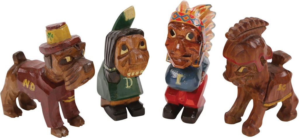 Football - 1940s Wooden Carved Mascots w/Box (4)